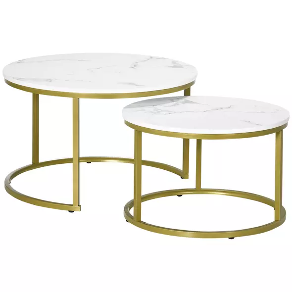 HOMCOM Coffee Table Set of 2, Round Nest of Tables with Metal Frame, Modern Side Tables for Living Room, White - 1