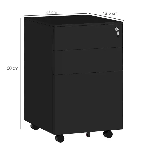 Vinsetto 3-Drawer Vertical Filing Cabinet with Pencil Tray, Lock and 5 Wheels, Steel Mobile File Cabinet, for A4, Legal and Letter Size, Pre-Assembled Body, Black - 3