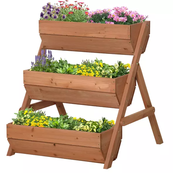 Outsunny 3 Tier Raised Garden Bed Wooden Elevated Planter Box Kit, 66L for Flower, Vegetable, Herb, 65x75x78cm, Brown - 1