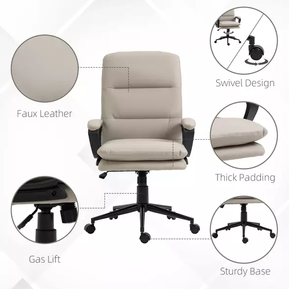 Vinsetto Office Chair, PU Leather Computer Desk Chair Office Chair with Adjustable Height and Swivel Rolling Wheels for Work Study, Light Grey - 4