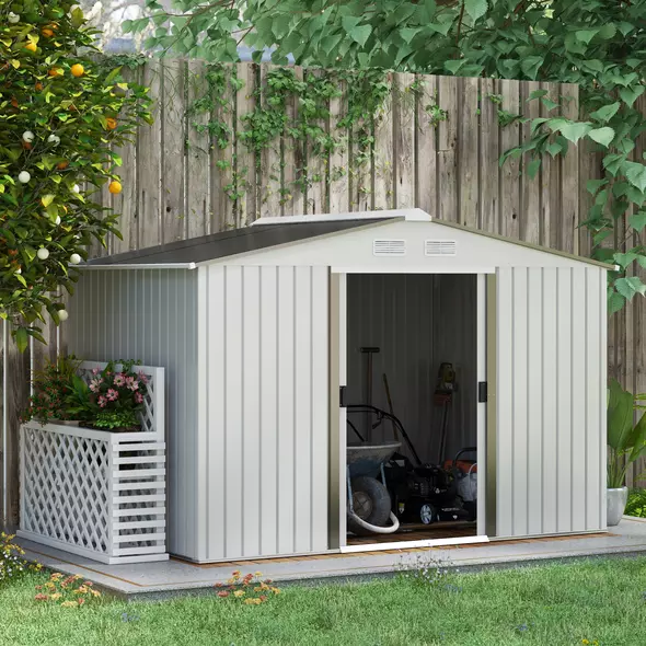 Outsunny Metal Bike Shed, Mobility Scooter Shed House with Foundation Kit, Ventilation, Doors, 9 x 6FT, Silver - 2