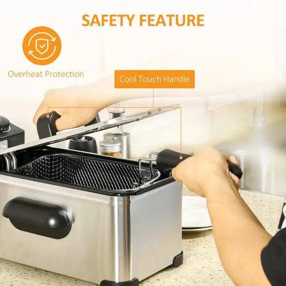 HOMCOM 3 Litre Stainless Steel Deep Fat Fryer with Adjustable Temp, 60min Timer, Viewing Window and Safety Cut Out, 2000W - 6