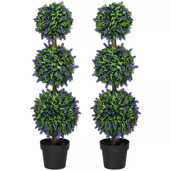 HOMCOM Set of 2 Artificial Plants, Lavender Flowers Ball Trees with Pot, for Home Indoor Outdoor Decor, 110cm - 1