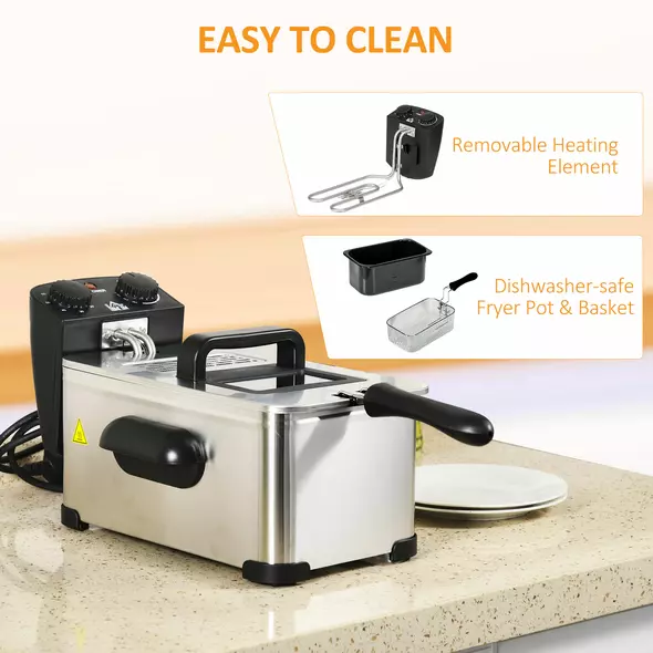HOMCOM 3 Litre Stainless Steel Deep Fat Fryer with Adjustable Temp, 60min Timer, Viewing Window and Safety Cut Out, 2000W - 7
