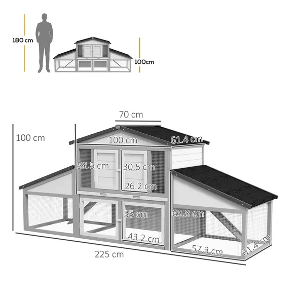 PawHut Large Rabbit Hutch with Run, Outdoor Bunny Cage, with Tray, Ramp - Light Grey - 3
