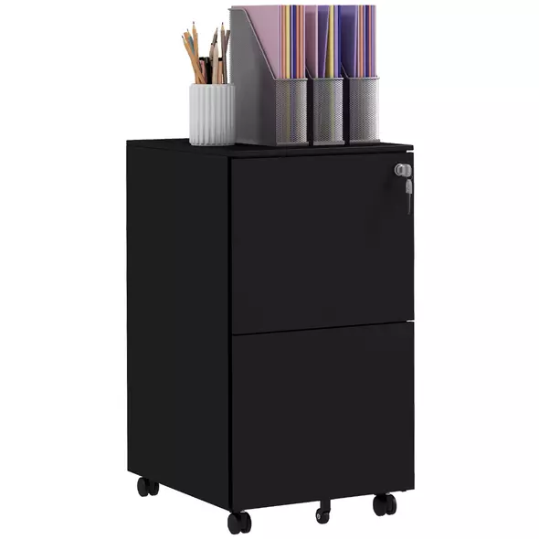 Vinsetto 2-Drawer Vertical Filing Cabinet with Lock and 5 Wheels, Steel Mobile File Cabinet, for A4, Legal and Letter Size, Pre-Assembled Body, Black - 1