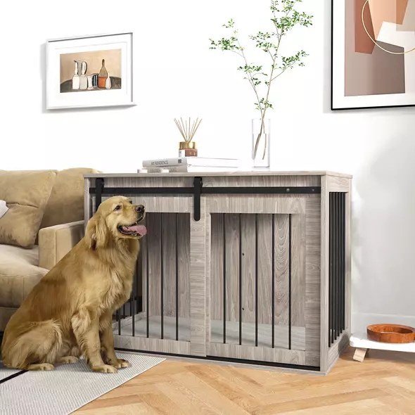 PawHut 98cm Dog Crate Furniture with Removable Cushion for Large Dogs - Brown - 2