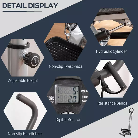 HOMCOM Adjustable Twist Stepper Fitness Step Machine, LCD Screen, Height-Adjust Handlebars, Home Gym, Silver and Black - 6