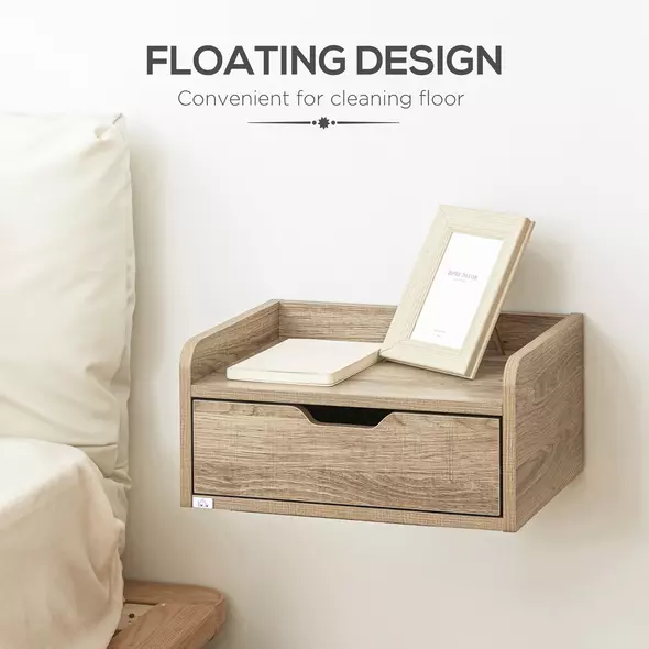 HOMCOM Floating Nightstands Set of 2, Wall Mounted Bedside Table with Drawer for Bedroom, Natural - 5