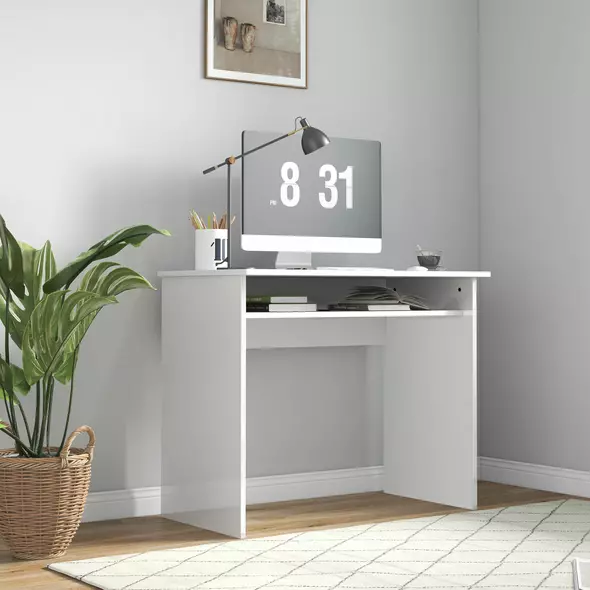 HOMCOM 90 x 50cm Computer Table, Modern Home Office Desk, Small Writing Desk with Storage Shelf, High Gloss White - 2