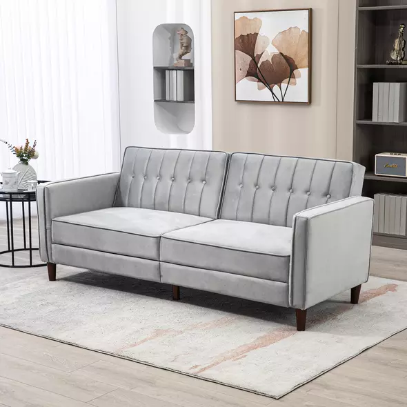 HOMCOM Modern Convertible Sofa Futon Velvet-Touch Tufted Couch Compact Loveseat with Adjustable Split Back, Light Grey - 2