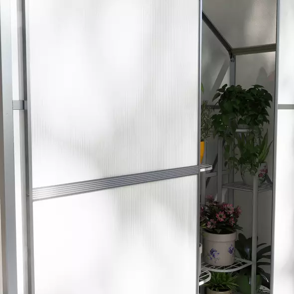 Outsunny 6 x 2.5ft Polycarbonate Greenhouse Walk-In Green House with Rain Gutter, Sliding Door, Window, Foundation, Silver - 9
