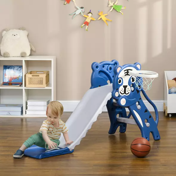 AIYAPLAY 3 in 1 Baby Slide for Indoor Use with Climber, Basketball Hoop, Basketball, for Ages 18-36 Months - Blue - 2