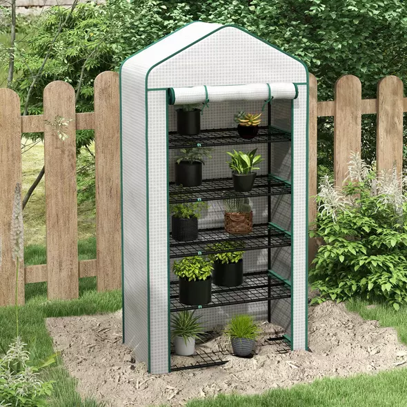 Outsunny 5 Tier Widened Mini Greenhouse with Reinforced PE Cover, Portable Indoor Outdoor Green House with Roll-up Door and Wire Shelves, 90 x 49 x 193cm, White - 2