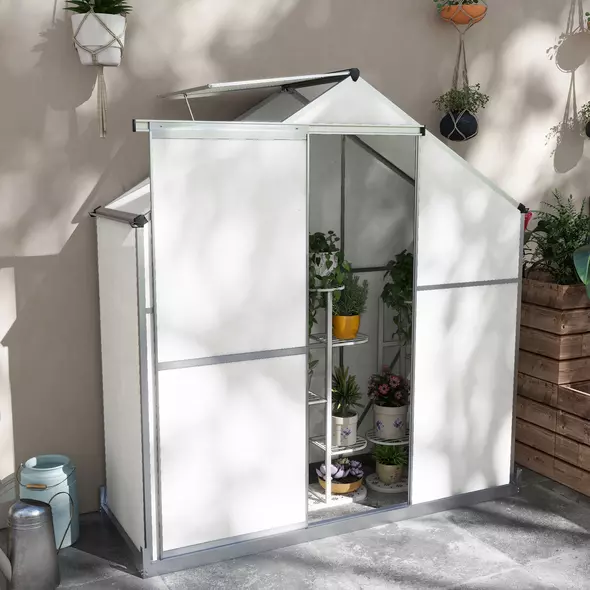 Outsunny 6 x 2.5ft Polycarbonate Greenhouse Walk-In Green House with Rain Gutter, Sliding Door, Window, Foundation, Silver - 2
