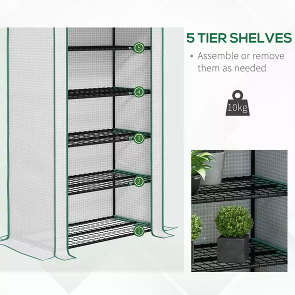 Outsunny 5 Tier Widened Mini Greenhouse with Reinforced PE Cover, Portable Indoor Outdoor Green House with Roll-up Door and Wire Shelves, 90 x 49 x 193cm, White - 5