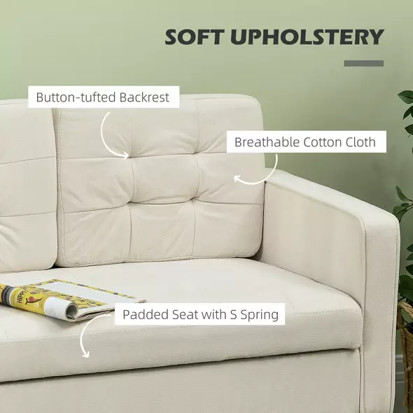 HOMCOM Modern Loveseat Sofa, Compact 2 Seater Sofa with Hidden Storage, 117cm Tufted Cotton Couch with Wood Legs, Cream White - 5