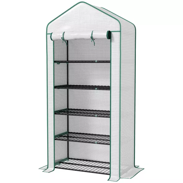 Outsunny 5 Tier Widened Mini Greenhouse with Reinforced PE Cover, Portable Indoor Outdoor Green House with Roll-up Door and Wire Shelves, 90 x 49 x 193cm, White - 1