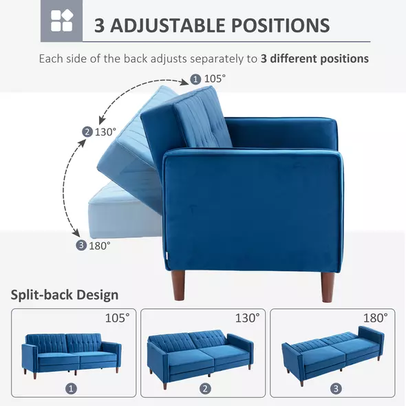 HOMCOM Velvet-Feel Three-Seater Sofa Bed - Blue - 5