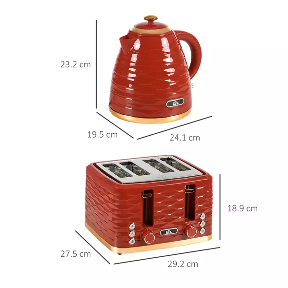 HOMCOM 3000W 1.7L Rapid Boil Kettle & 4 Slice Toaster, Kettle and Toaster Set with 7 Browning Controls and Crumb Tray, Red - 3