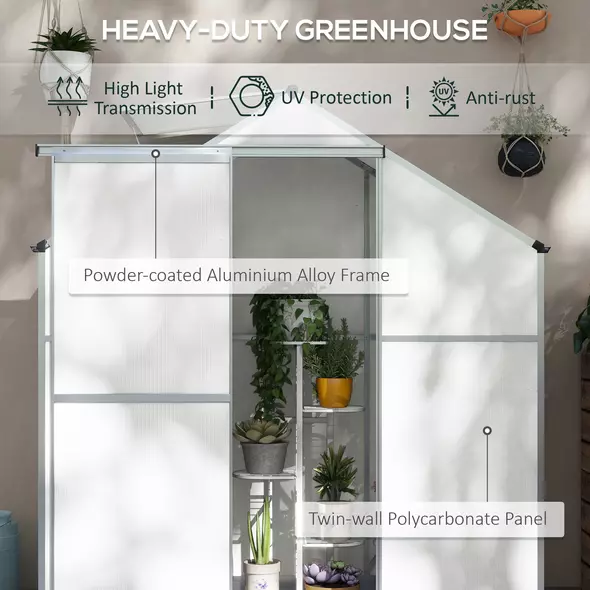 Outsunny 6 x 2.5ft Polycarbonate Greenhouse Walk-In Green House with Rain Gutter, Sliding Door, Window, Foundation, Silver - 4