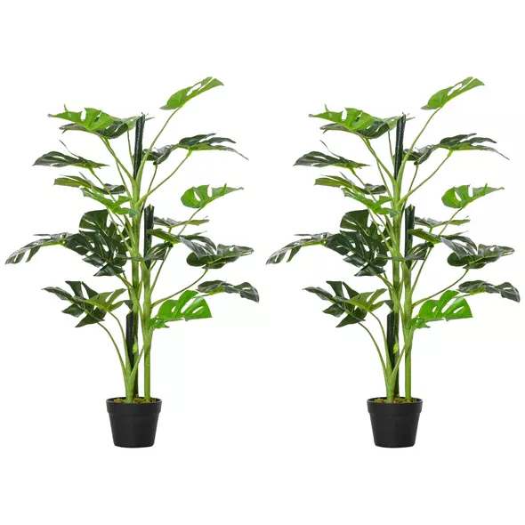 Outsunny 100cm/3.3FT Artificial Monstera Tree Decorative Cheese Plant 21 Leaves with Nursery Pot, Fake Tropical Palm Tree for Indoor Outdoor Décor, Set of 2 - 1