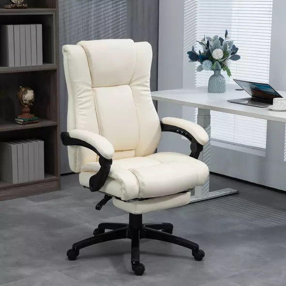Vinsetto PU Leather Office Chair, Swivel Computer Chair with Footrest, Wheels, Adjustable Height, Cream White - 2