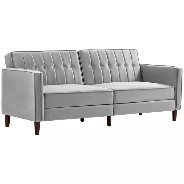 HOMCOM Modern Convertible Sofa Futon Velvet-Touch Tufted Couch Compact Loveseat with Adjustable Split Back, Light Grey - 1