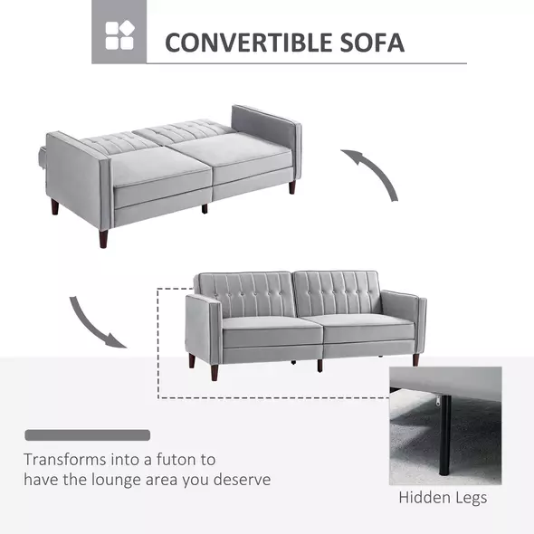 HOMCOM Modern Convertible Sofa Futon Velvet-Touch Tufted Couch Compact Loveseat with Adjustable Split Back, Light Grey - 4
