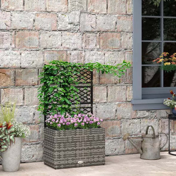 Outsunny 22 L Rattan Planter with Trellis, Freestanding Raised Beds for Garden with Two Plant Boxes, Outdoor Planter for Climbing Plants, Flowers, 57 x 30 x 107 cm, Mixed Grey - 2
