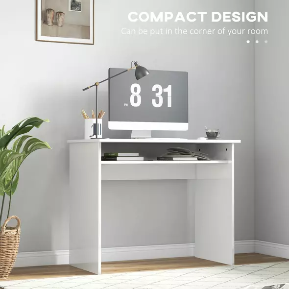 HOMCOM 90 x 50cm Computer Table, Modern Home Office Desk, Small Writing Desk with Storage Shelf, High Gloss White - 6