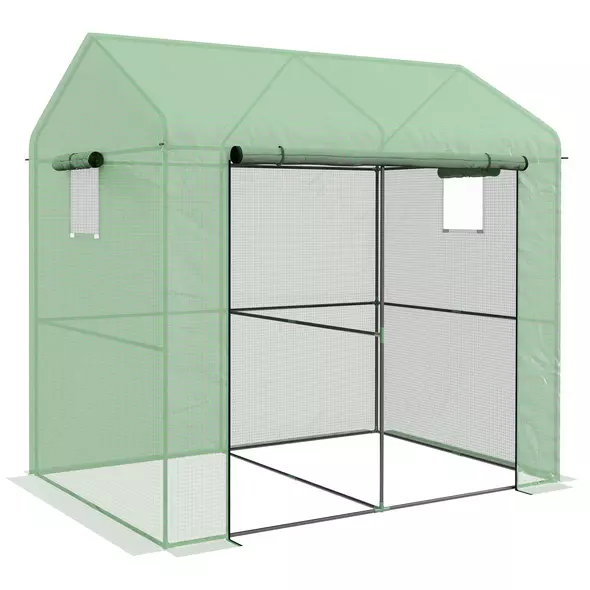 Outsunny Greenhouse, Walk-in Garden Grow House with Roll-up Door and Mesh Windows, 200 x 140 x 200cm, Green - 1