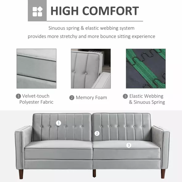 HOMCOM Modern Convertible Sofa Futon Velvet-Touch Tufted Couch Compact Loveseat with Adjustable Split Back, Light Grey - 6