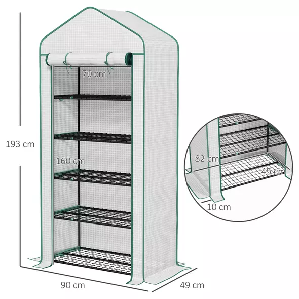 Outsunny 5 Tier Widened Mini Greenhouse with Reinforced PE Cover, Portable Indoor Outdoor Green House with Roll-up Door and Wire Shelves, 90 x 49 x 193cm, White - 3