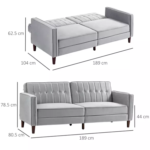 HOMCOM Modern Convertible Sofa Futon Velvet-Touch Tufted Couch Compact Loveseat with Adjustable Split Back, Light Grey - 3
