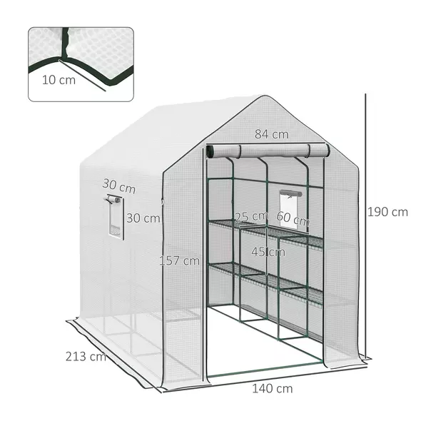 Outsunny Walk-in Greenhouse with 3 Tier 12 Shelves, Small Greenhouse with Reinforced PE Cover, Garden Plant Growhouse with Roll-up Door and Three Mesh Windows, 140 x 213 x 190 cm, White - 3