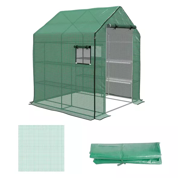 Outsunny Greenhouse Cover Replacement Walk-in PE Hot House Cover with Roll-up Door and Windows, 140 x 143 x 190cm, Green - 1