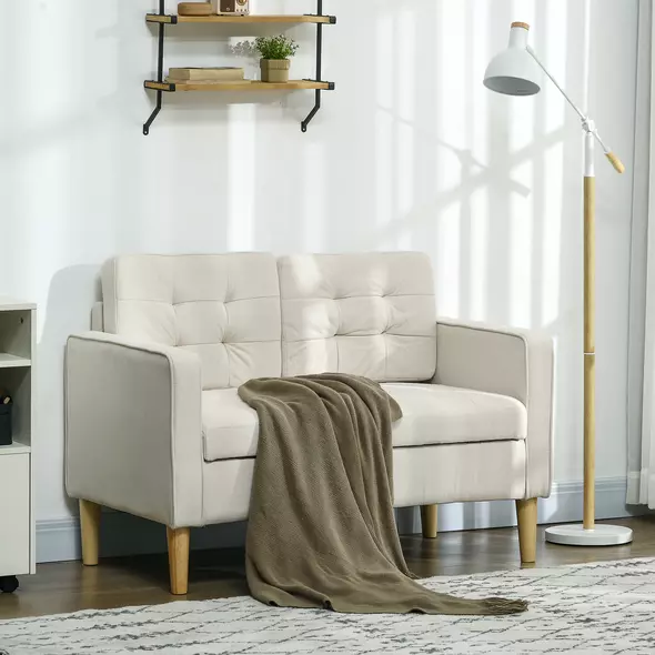 HOMCOM Modern Loveseat Sofa, Compact 2 Seater Sofa with Hidden Storage, 117cm Tufted Cotton Couch with Wood Legs, Cream White - 2