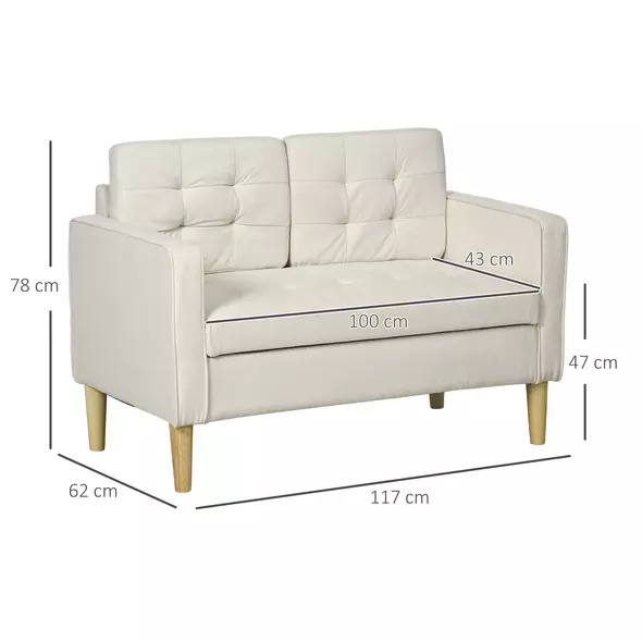 HOMCOM Modern Loveseat Sofa, Compact 2 Seater Sofa with Hidden Storage, 117cm Tufted Cotton Couch with Wood Legs, Cream White - 3