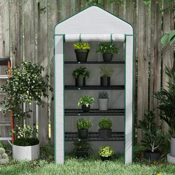 Outsunny 5 Tier Widened Mini Greenhouse with Reinforced PE Cover, Portable Indoor Outdoor Green House with Roll-up Door and Wire Shelves, 90 x 49 x 193cm, White - 9