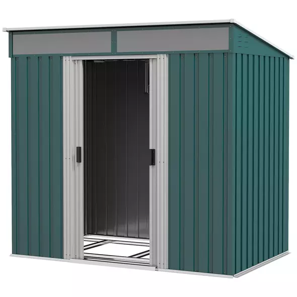 Outsunny 6.5 x 4FT Galvanised Metal Shed with Foundation Kit, Lockable Tool Garden Shed with Double Sliding Doors, Vents, Green - 1