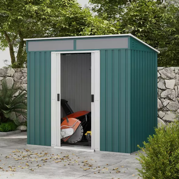 Outsunny 6.5 x 4FT Galvanised Metal Shed with Foundation Kit, Lockable Tool Garden Shed with Double Sliding Doors, Vents, Green - 9