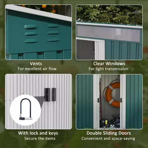 Outsunny 6.5 x 4FT Galvanised Metal Shed with Foundation Kit, Lockable Tool Garden Shed with Double Sliding Doors, Vents, Green - 6