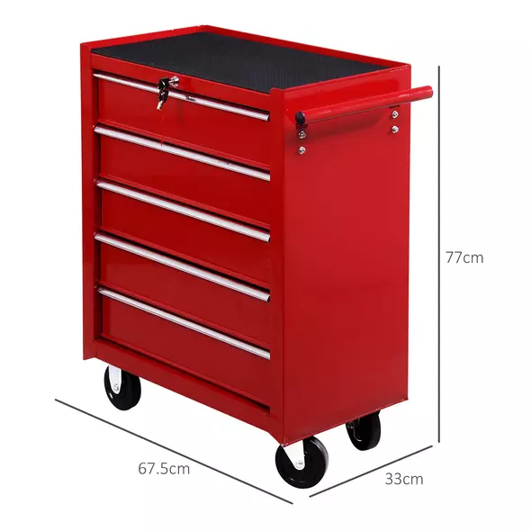 HOMCOM 5 Drawer Tool Box on Wheels, Lockable Steel Tool Cabinet with Side Handle, Red - 3