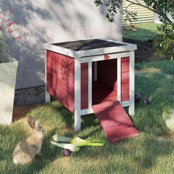 PawHut Wooden Rabbit Hutch 51 x 42 x 43 cm, Red - 2