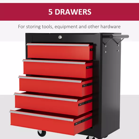 HOMCOM 5-Drawer Tool Chest with Wheels, Steel Lockable Tool Storage Cabinet with Handle, 2 Keys for Garage, Workshop, Red - 4
