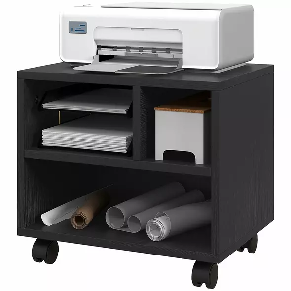 HOMCOM Three-Compartment Printer Cabinet, with Wheels - Black - 1