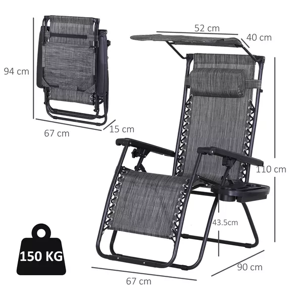 Outsunny 2 Piece Foldable Reclining Garden Chair with Headrest, Zero Gravity Deck Sun Lounger Seat Chair with Footrest, Armrest, Cup Holder & Canopy Shade, Grey - 3