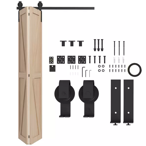 HOMCOM 4FT/122CM Bi-Folding Sliding Barn Door Hardware Track Kit, Heavy Duty Sliding Door Kit for 2 Doors with J Shape Hanger - 1