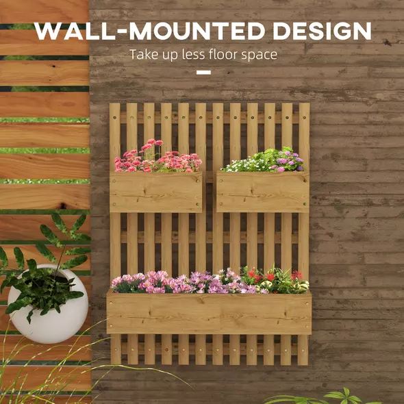 Outsunny Set of 2 Wall-mounted Wooden Garden Planters with Trellis, Drainage Holes and Movable Planter Boxes, Wall Raised Garden Bed for Patio, Carbonised - 4
